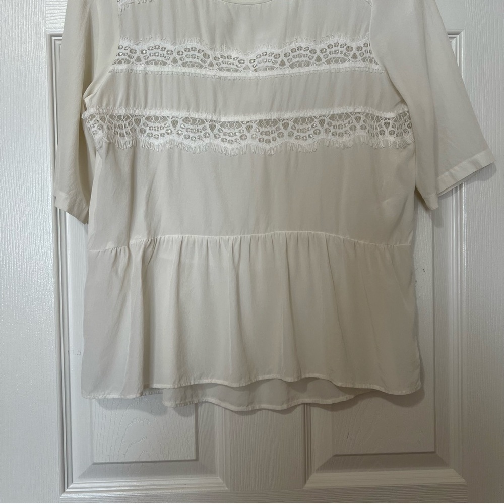 Sandro White Cream Silk Lace Lightweight Flowy Peplum Short Sleeve Blouse - Sz 2 - Picture 6 of 14